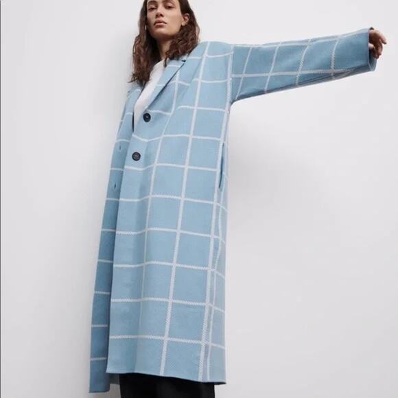 Zara Blue Button Plaid Checkered Knit Oversized Jacket Long Duster Coat EUC S - Picture 1 of 8